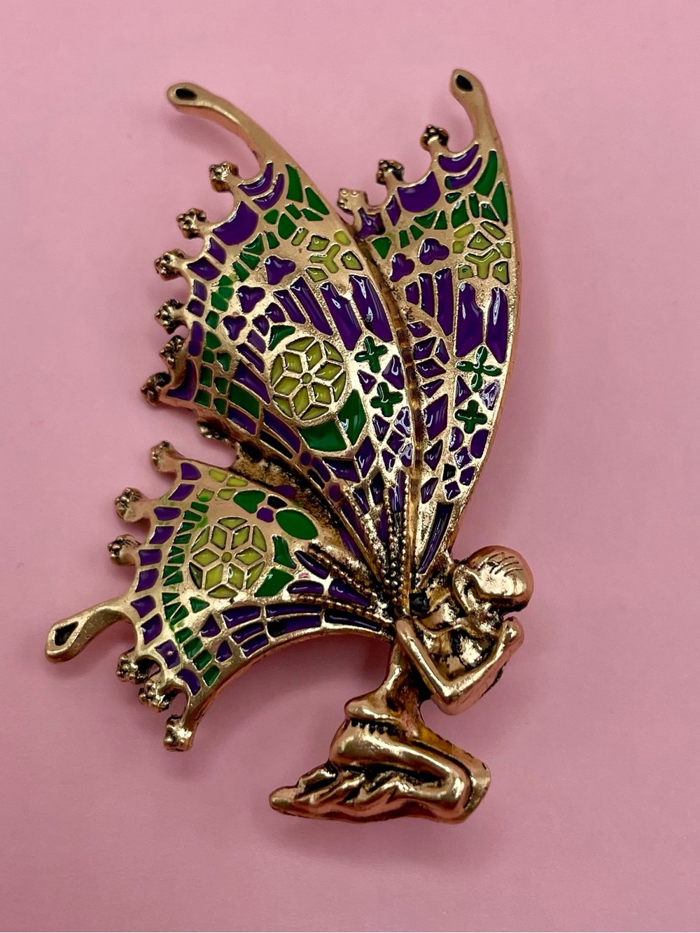 Gold Butterfly Fairy Brooch with Purple & Green Enamel